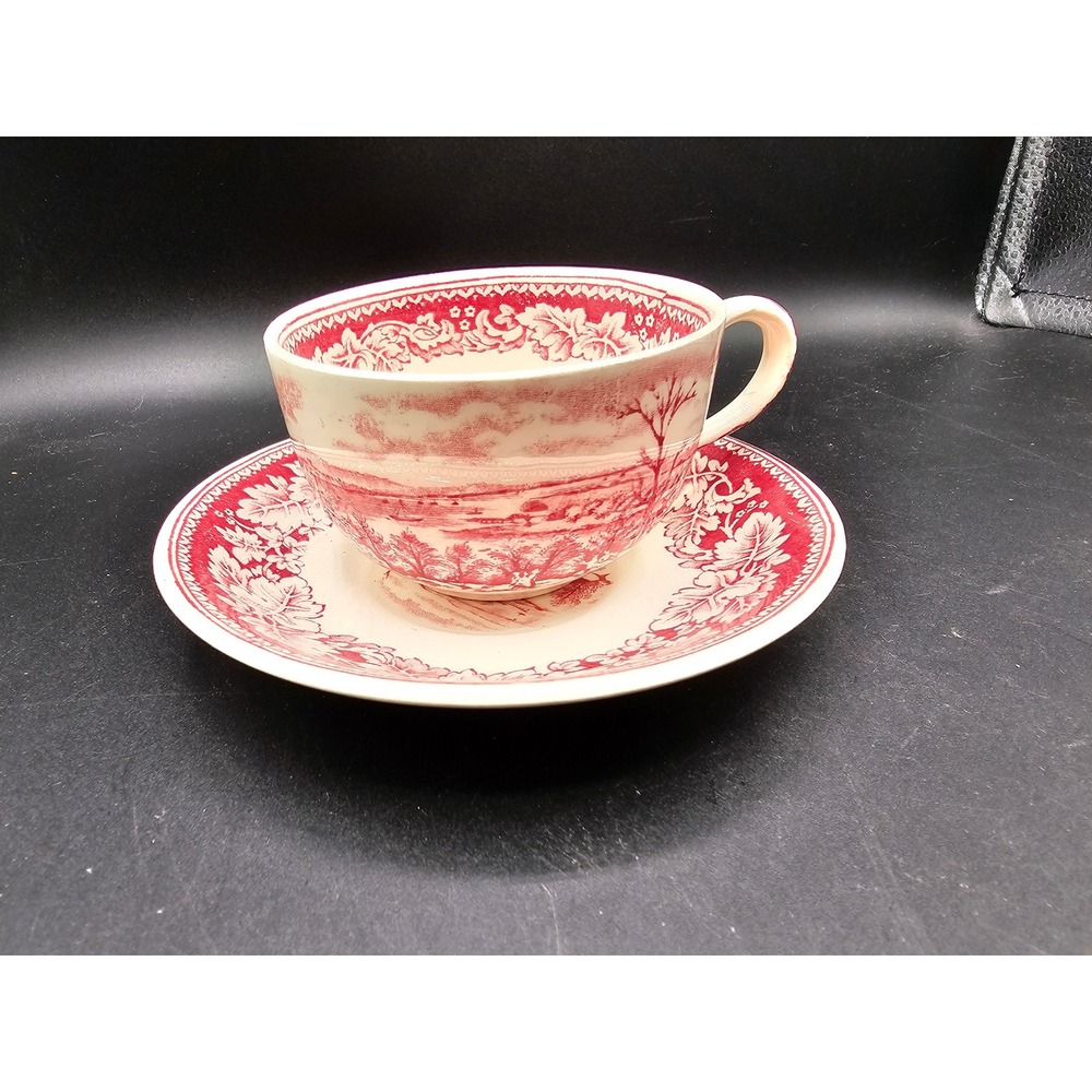 Homer Laughlin Currier & Ives Red Transferware Teacup Saucer View of New York